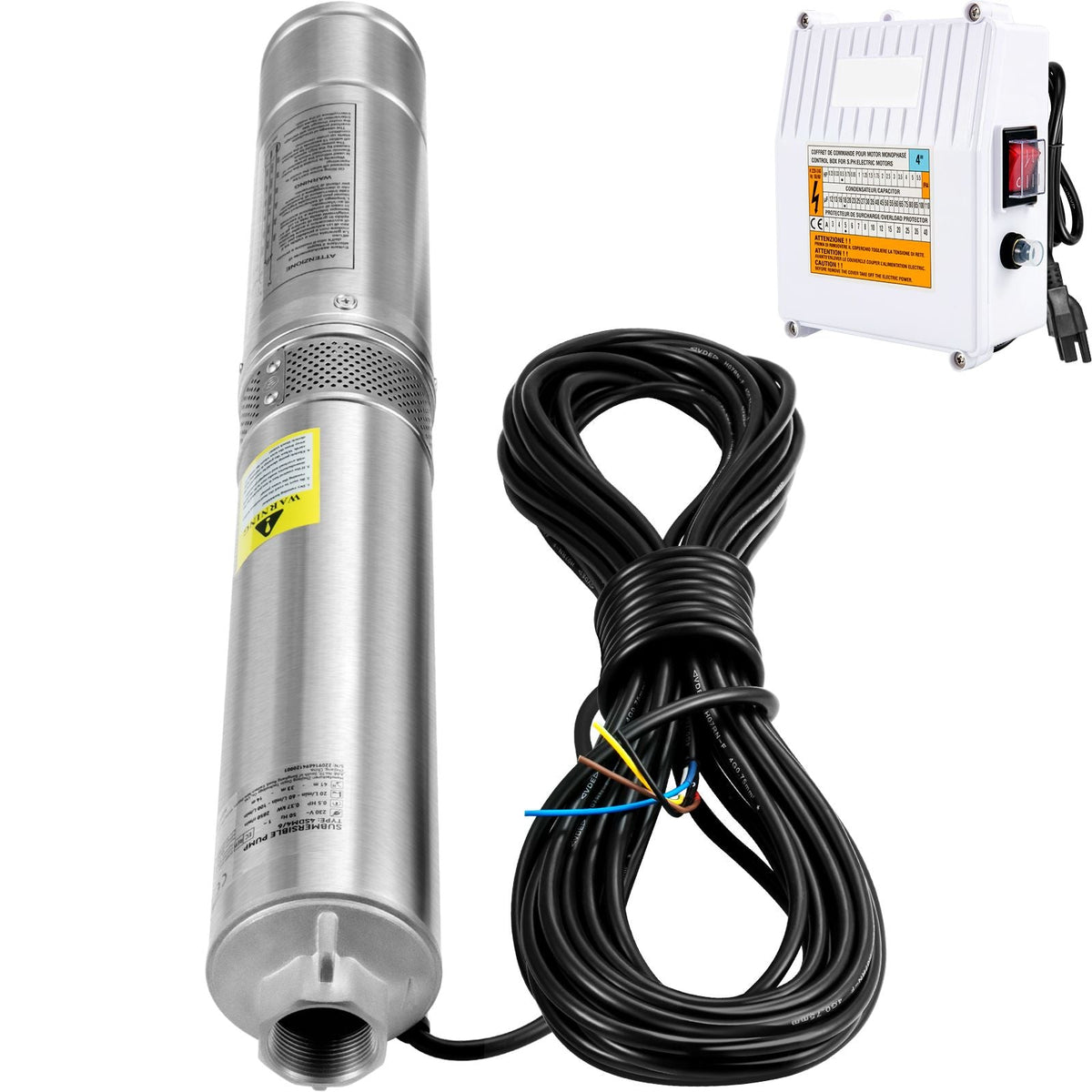 Deep Well Submersible Pump, 3HP 230V/60Hz, 37GPM 640 ft Head, with 33 ft Cord & External Control Box, 4 inch Stainless Steel Water Pumps for Industrial, Irrigation and Home Use, IP68 Waterproof