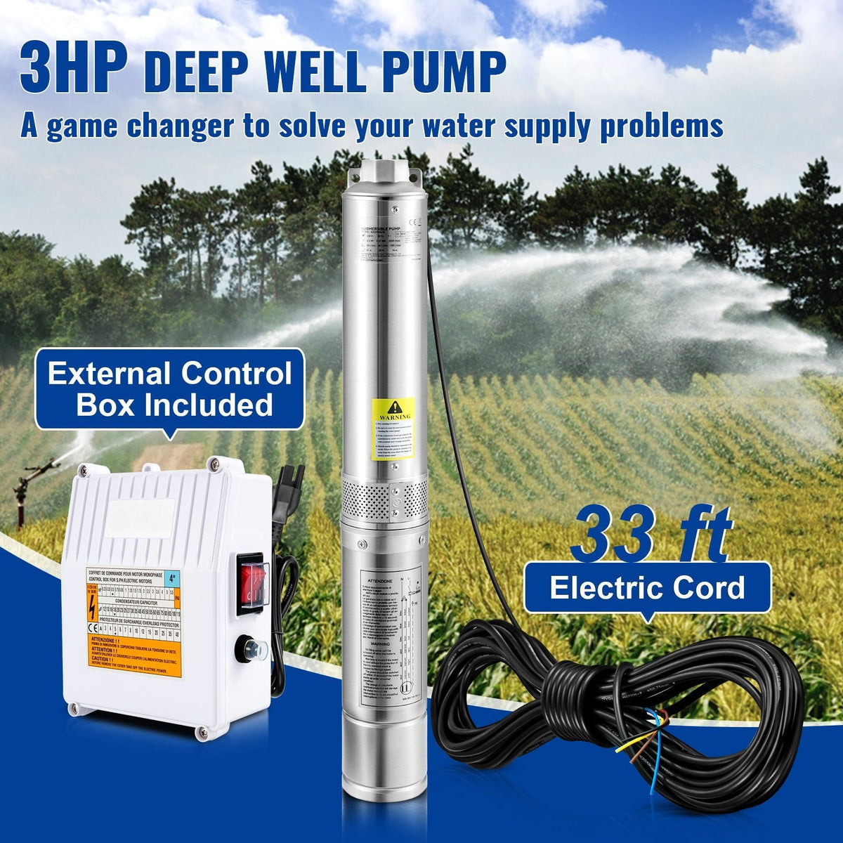 Deep Well Submersible Pump, 3HP 230V/60Hz, 37GPM 640 ft Head, with 33 ft Cord & External Control Box, 4 inch Stainless Steel Water Pumps for Industrial, Irrigation and Home Use, IP68 Waterproof