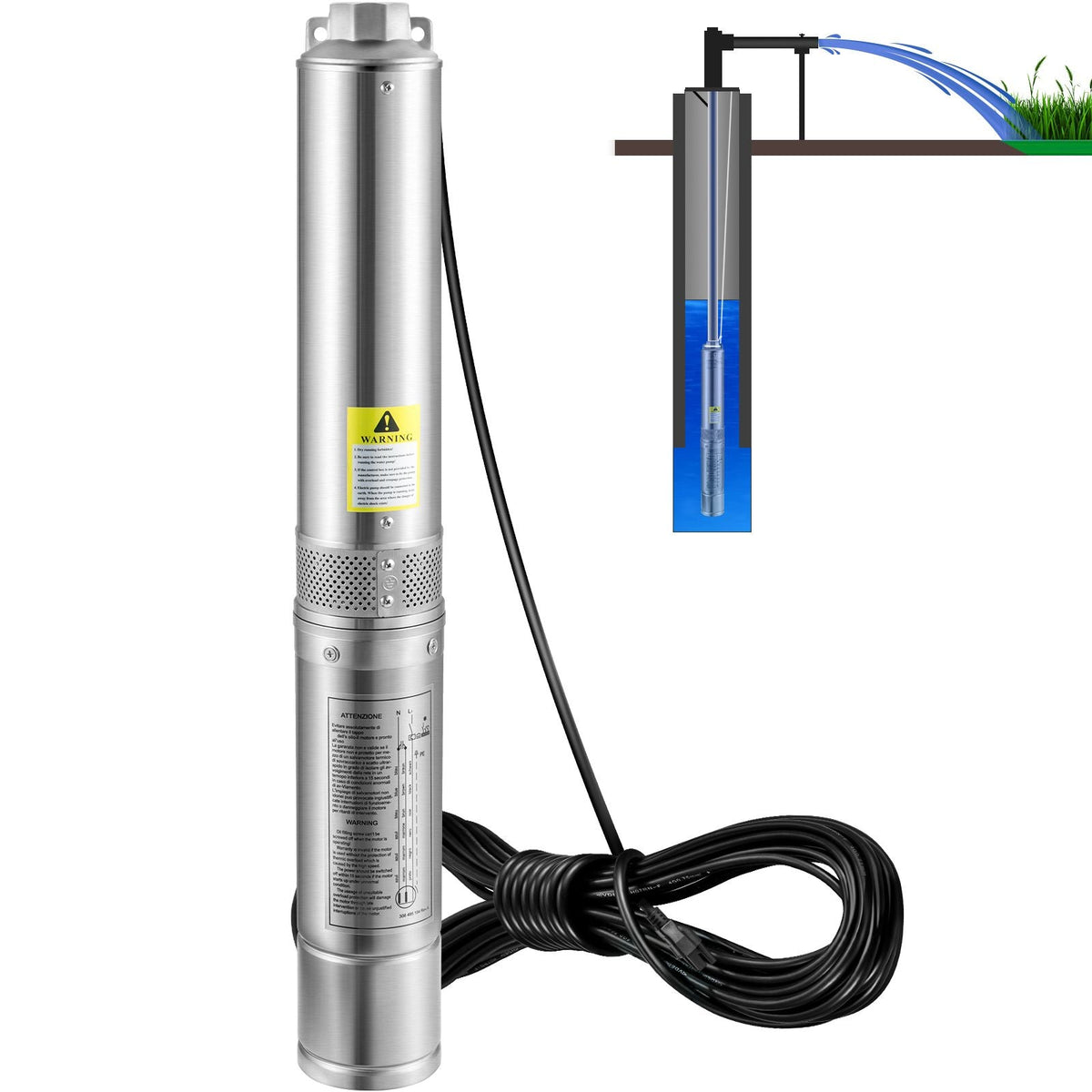 Deep Well Submersible Pump, 3HP/2200W 230V/60Hz, 37GPM Flow 640 ft Head, with 33 ft Electric Cord, 4 inch Stainless Steel Water Pumps for Industrial, Irrigation & Home Use, IP68 Waterproof Grade