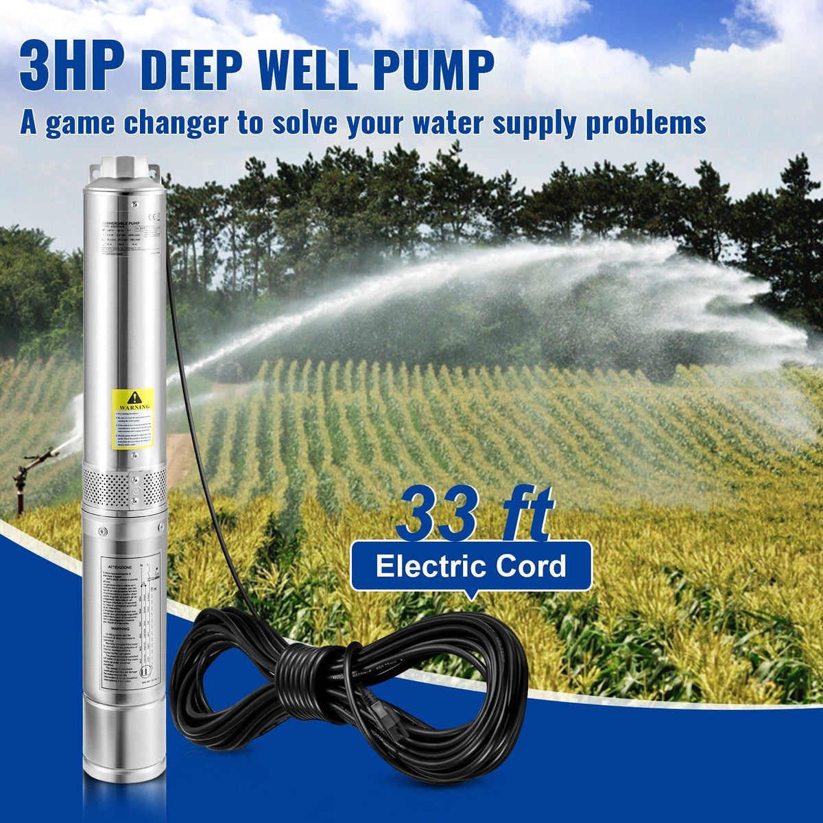 Deep Well Submersible Pump, 3HP/2200W 230V/60Hz, 37GPM Flow 640 ft Head, with 33 ft Electric Cord, 4 inch Stainless Steel Water Pumps for Industrial, Irrigation & Home Use, IP68 Waterproof Grade