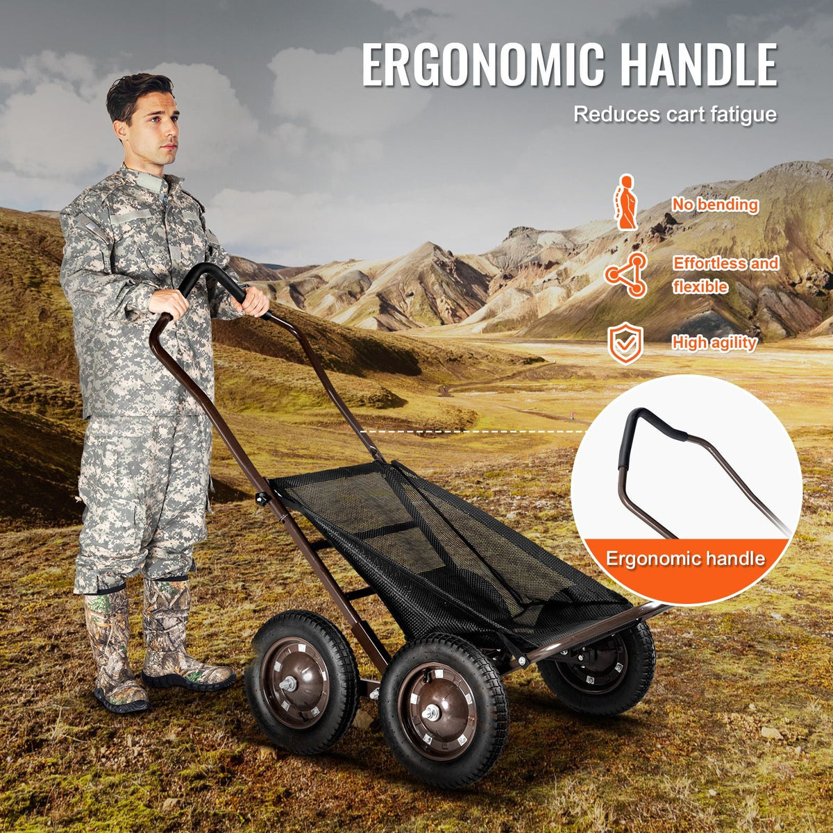 Deer Cart, 500 LBS Capacity Folding Game Cart, Deer Cart Game Hauler with 4 Big Wheels & Ergonomic Handle, Heavy-Duty Game Cart Accessories, Utility Gear Dolly for Hunting Fishing Hiking