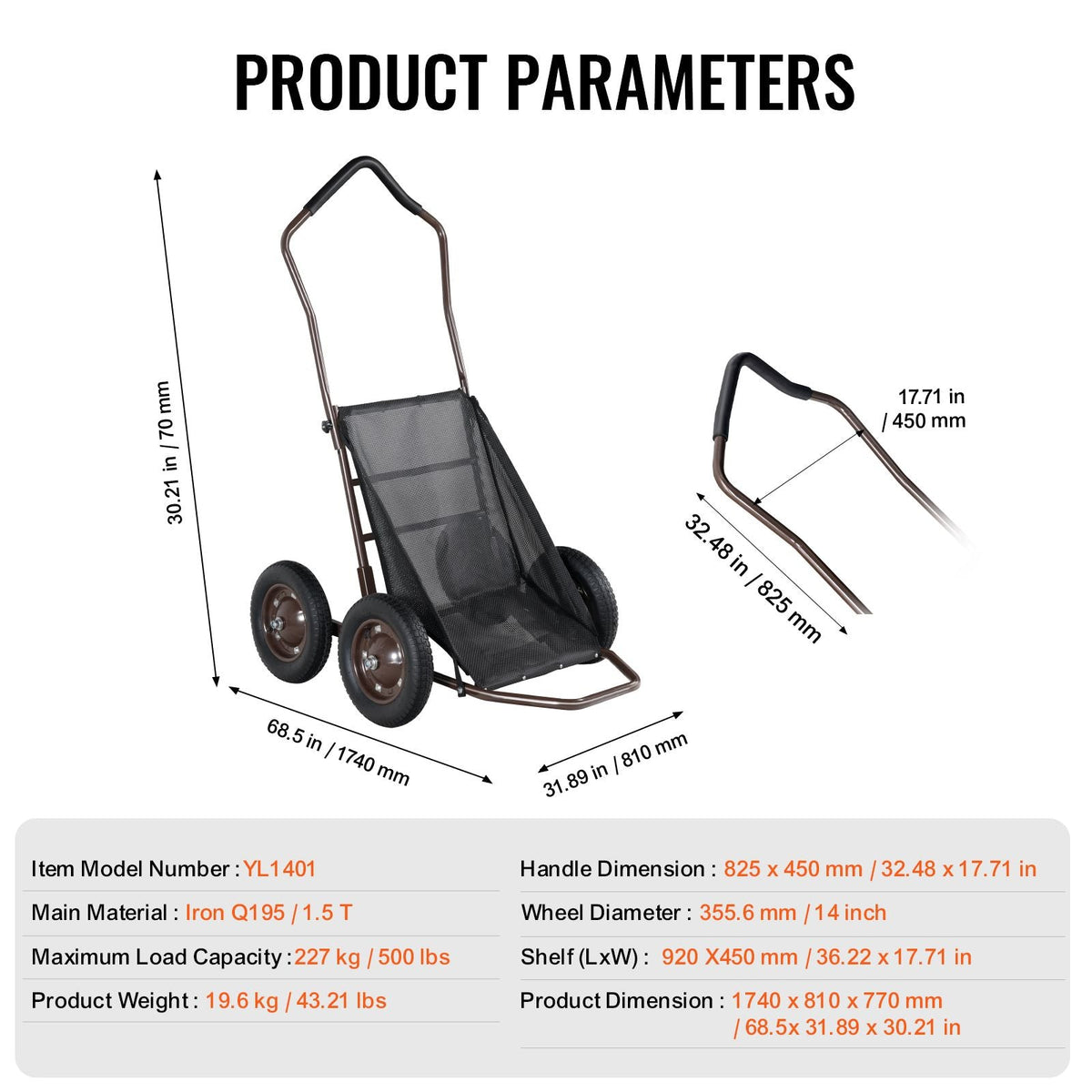Deer Cart, 500 LBS Capacity Folding Game Cart, Deer Cart Game Hauler with 4 Big Wheels & Ergonomic Handle, Heavy-Duty Game Cart Accessories, Utility Gear Dolly for Hunting Fishing Hiking