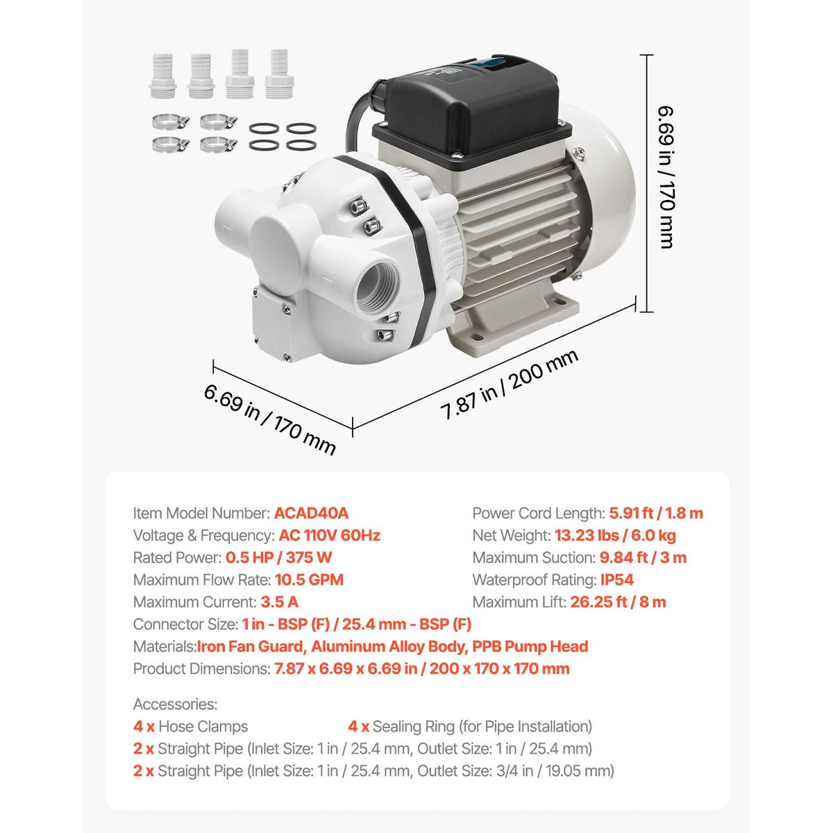 DEF Transfer Pump, 10.5 GPM, Diaphragm Irrigation Self Priming Electric Water Pump for Diesel Exhaust Fluid Automotive Urea Oil, 110V, 375W, 26.25 ft Lift, for Liquid Transportation Refueling