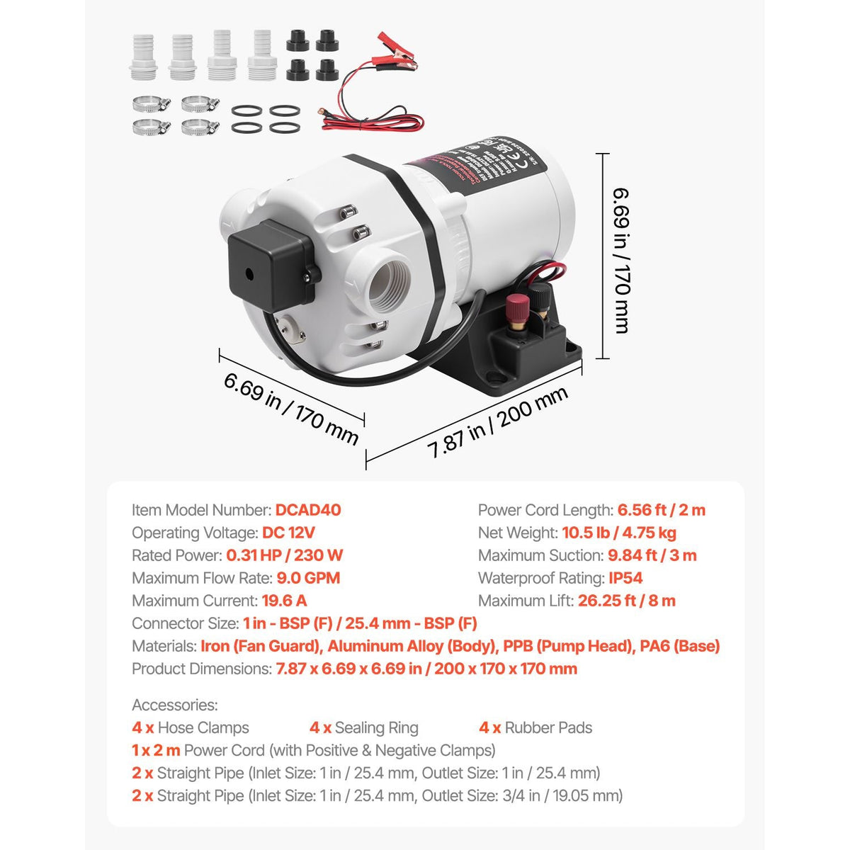 DEF Transfer Pump, 9 GPM, Diaphragm Irrigation Self Priming Electric Water Pump for Diesel Exhaust Fluid Automotive Urea Oil, DC 12V, 230W, 26.25 ft Lift, for Liquid Transportation Refueling