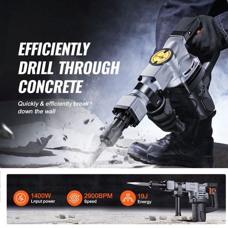 Demolition Jack Hammer, 1400W Electric Jackhammer Heavy Duty, 2pcs Chisels Bits Chipping with Case, 2900 BPM Concrete Breaker, Gloves Black
