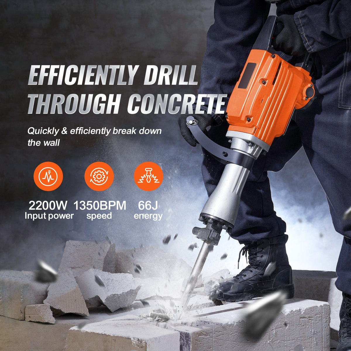 Demolition Jack Hammer, 2200W 1400 BPM Jack Hammer Concrete Breaker, Heavy Duty Electric Jack Hammer 6pcs Chisels Bit with Gloves, 360 Celsius Swiveling Front Handle