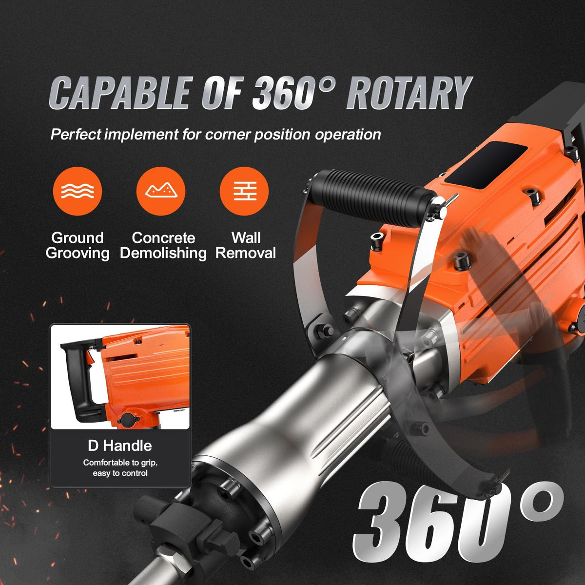 Demolition Jack Hammer, 2200W 1400 BPM Jack Hammer Concrete Breaker, Heavy Duty Electric Jack Hammer 6pcs Chisels Bit with Gloves, 360 Celsius Swiveling Front Handle
