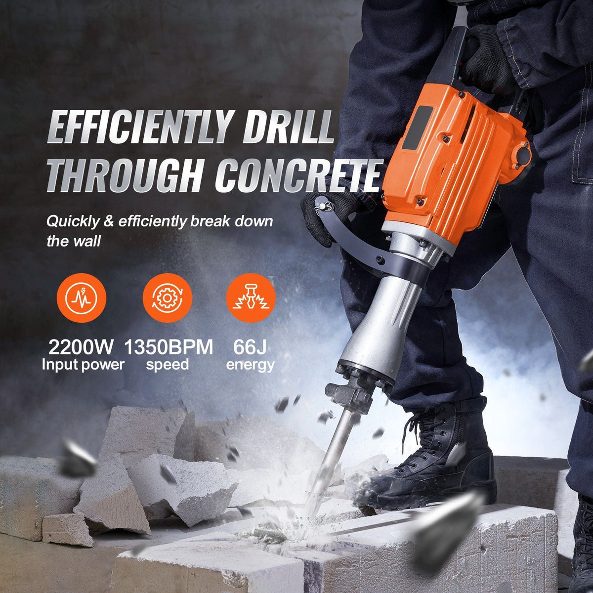 Demolition Jack Hammer, 2200W Electric Jackhammer Heavy Duty, 1350 BPM Concrete Breaker, 2pcs Chisels Bit Chipping with Case