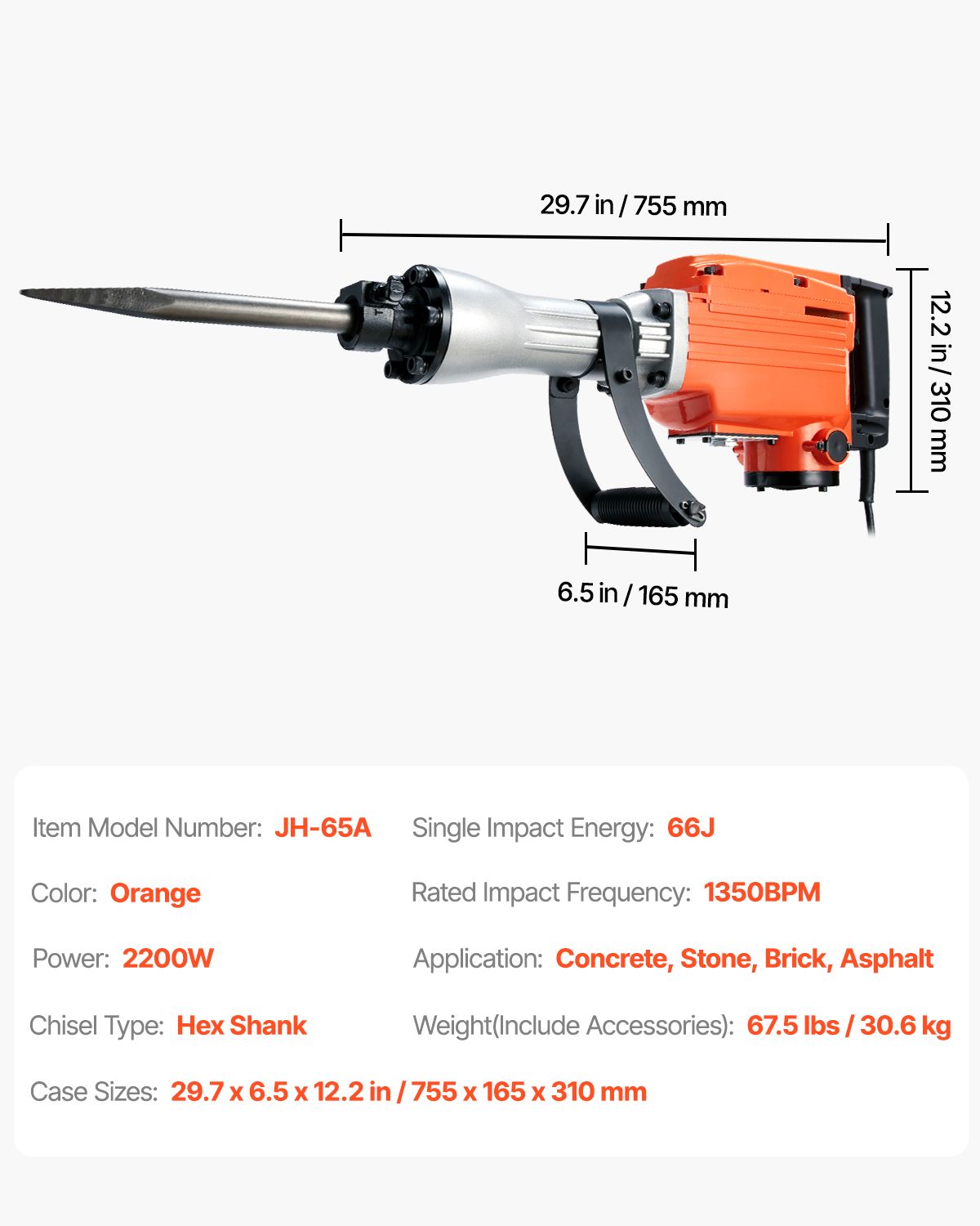 Demolition Jack Hammer, 2200W Electric Jackhammer Heavy Duty, 1350 BPM Concrete Breaker 6pcs Chisels Bit Chipping with Case