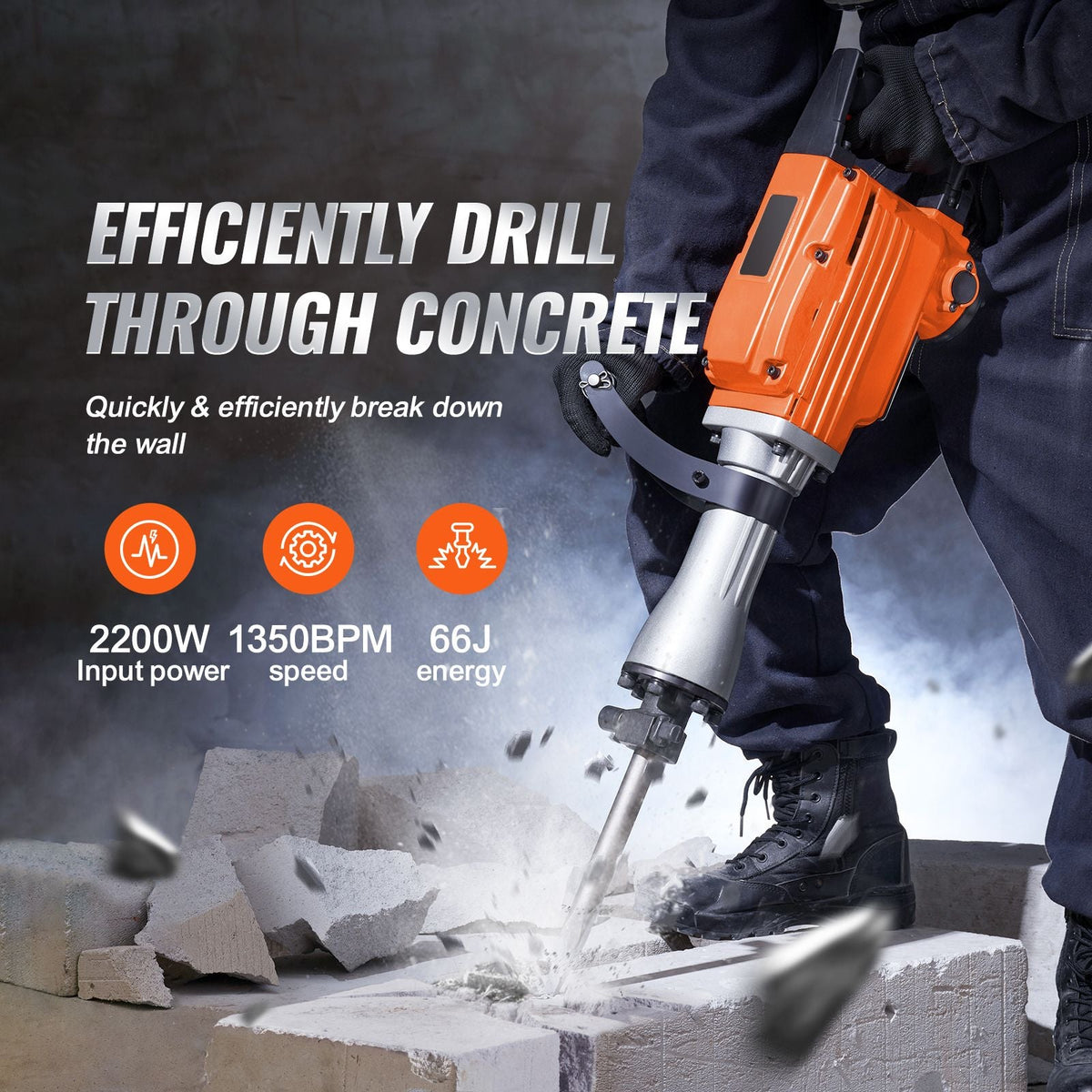Demolition Jack Hammer, 2200W Electric Jackhammer Heavy Duty, 1350 BPM Concrete Breaker 6pcs Chisels Bit Chipping with Case