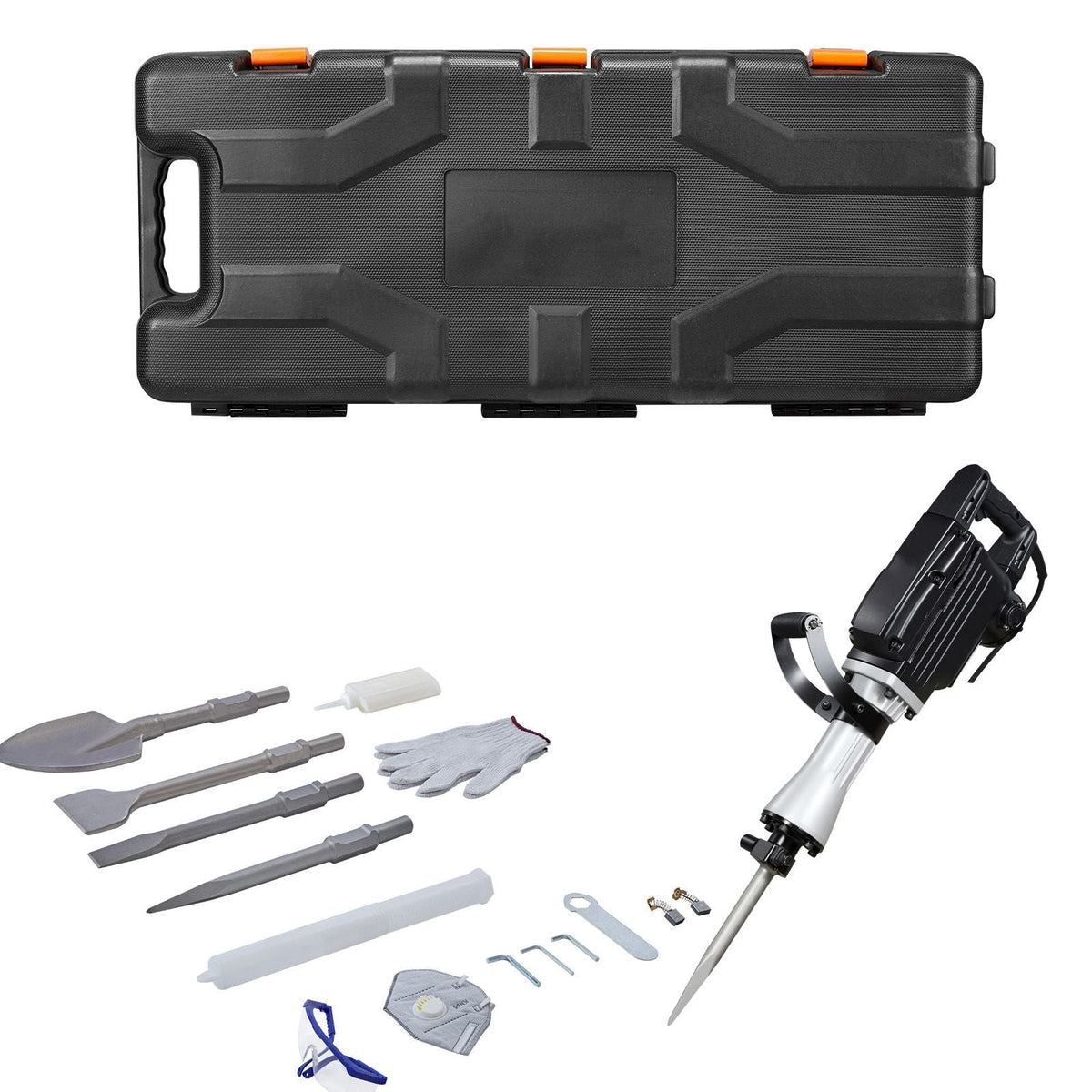 Demolition Jack Hammer, 2800 W Powerful Electric Jackhammer, 1200 BPM Concrete Breaker with 3 Chisels, a Clay Spade, Carrying Case, Gloves, for Concrete, Wall, Brick, Tile and Foundation