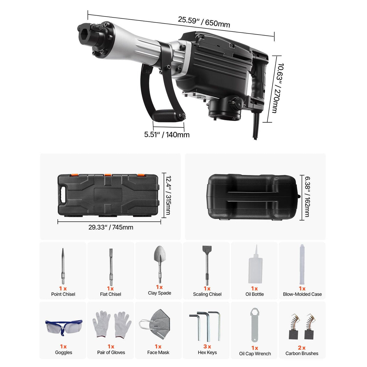 Demolition Jack Hammer, 2800 W Powerful Electric Jackhammer, 1200 BPM Concrete Breaker with 3 Chisels, a Clay Spade, Carrying Case, Gloves, for Concrete, Wall, Brick, Tile and Foundation