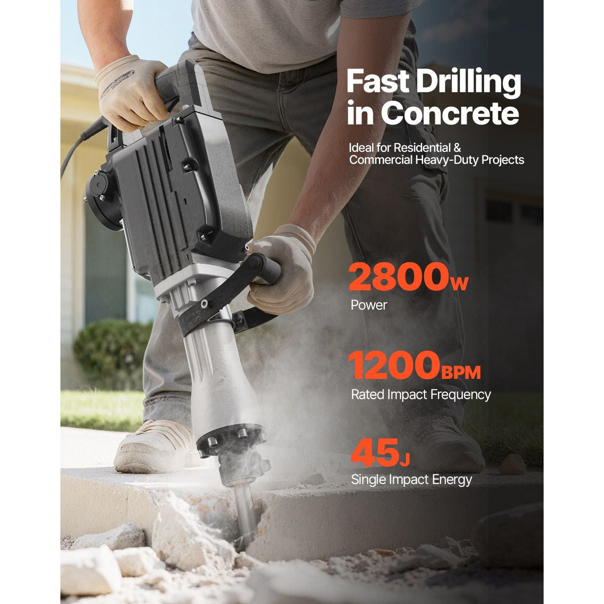 Demolition Jack Hammer, 2800 W Powerful Electric Jackhammer, 1200 BPM Concrete Breaker with 3 Chisels, a Clay Spade, Carrying Case, Gloves, for Concrete, Wall, Brick, Tile and Foundation