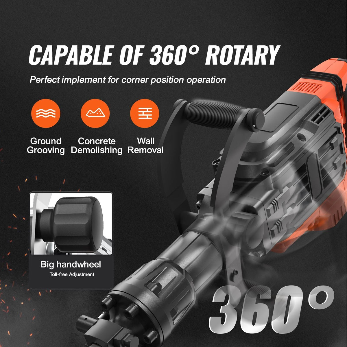 Demolition Jack Hammer, 3500W Jack Hammer Concrete Breaker, 2pcs Chisel with Gloves & 360 Celsius Swiveling Front Handle for Trenching, 1900 BPM Heavy Duty Electric Jack Hammer, Black