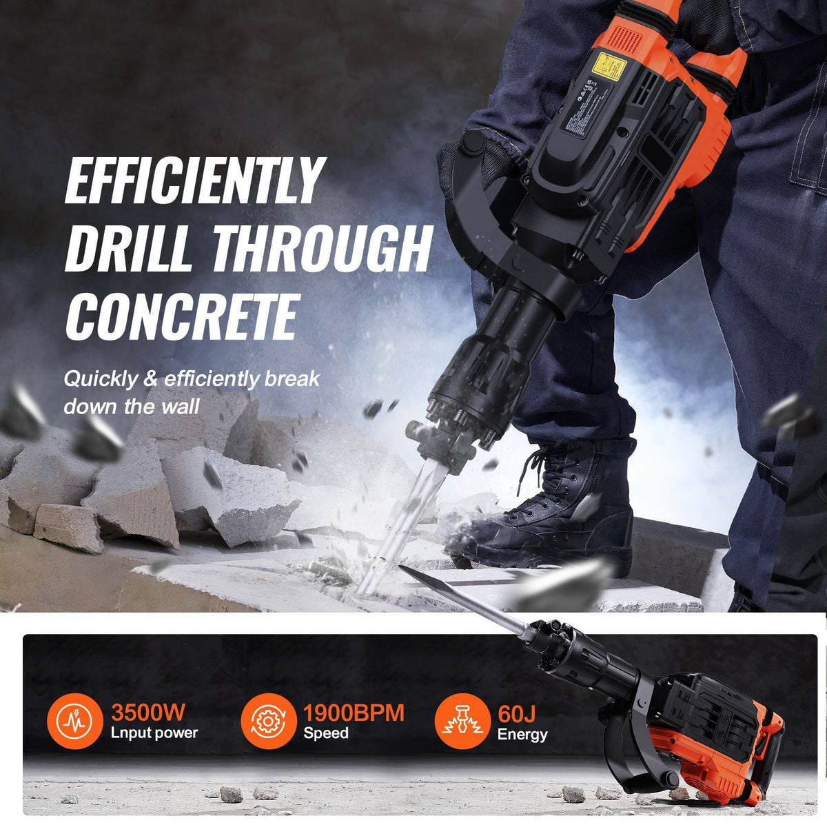 Demolition Jack Hammer, 3500W Jack Hammer Concrete Breaker, 2pcs Chisel with Gloves & 360 Celsius Swiveling Front Handle for Trenching, 1900 BPM Heavy Duty Electric Jack Hammer, Black