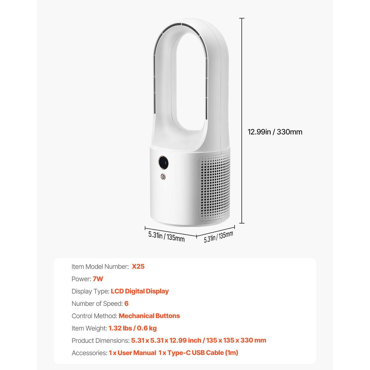 Desk Fan Bladeless, 12.99 Inch Kids-Friendly Personal Portable Desk Fan, 6-Speed USB Quiet Cooling Small Tower Fan with Button Control, Blows Cold Air for Office, Home (Plug to Use, No Battery)