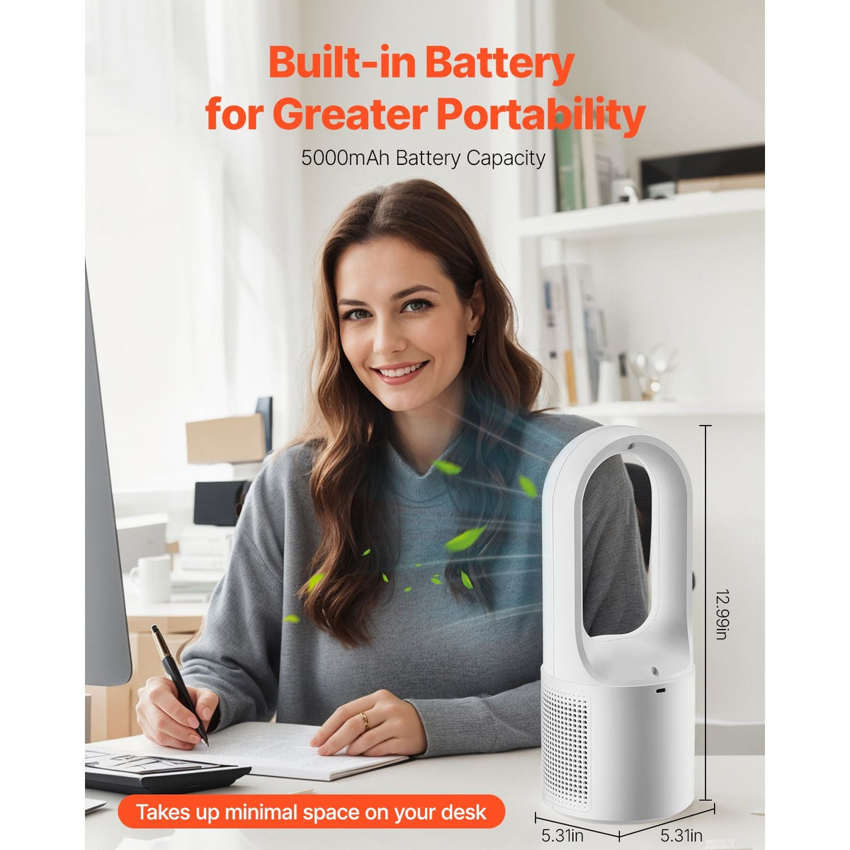 Desk Fan Bladeless, 12.99 Inch Portable Desk Fan, 6-Speed USB Quiet Cooling Small Tower Fan with Rechargeable Battery, Easy to Clean & Kids-Friendly, Blows Cold Air for Bedroom, Office, Home
