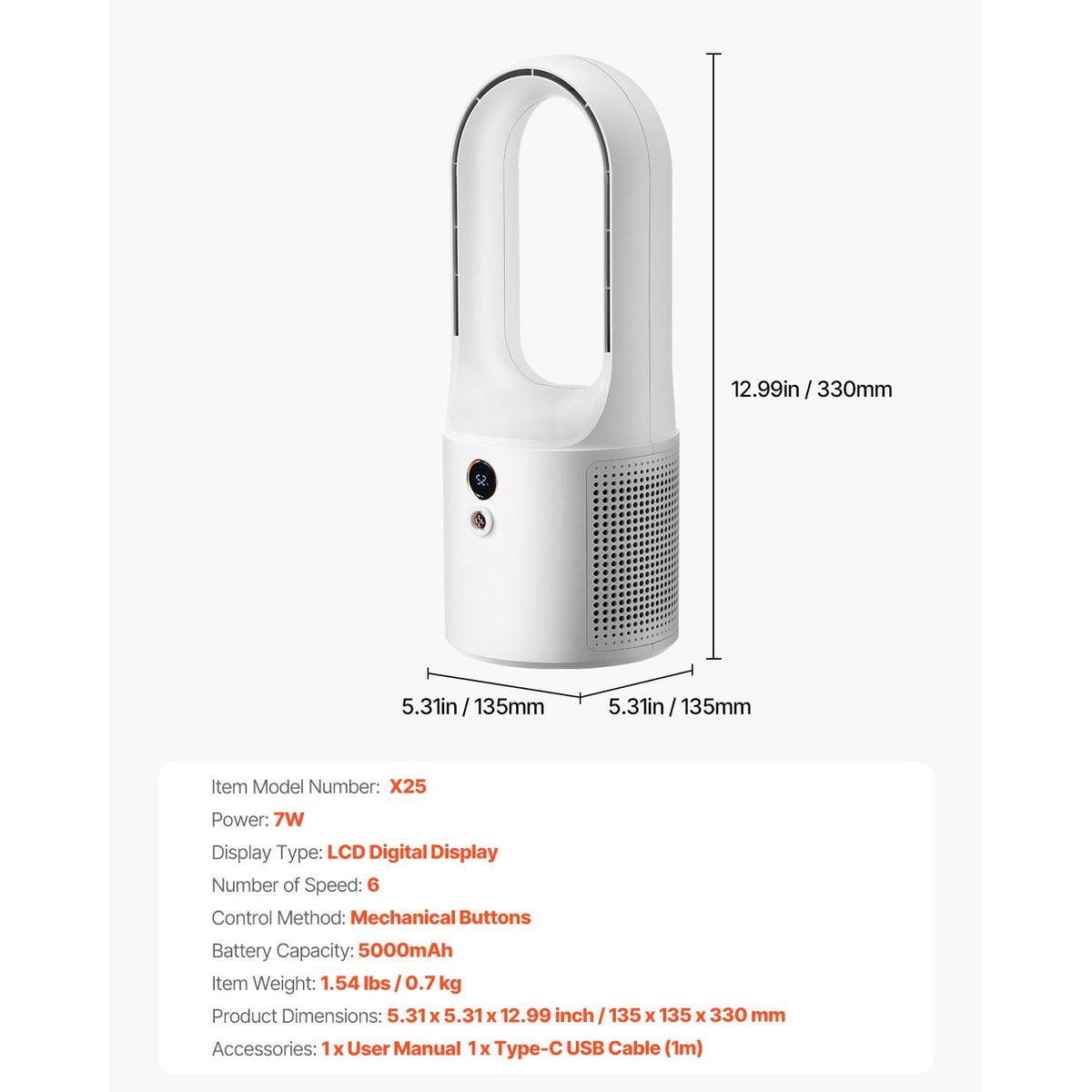 Desk Fan Bladeless, 12.99 Inch Portable Desk Fan, 6-Speed USB Quiet Cooling Small Tower Fan with Rechargeable Battery, Easy to Clean & Kids-Friendly, Blows Cold Air for Bedroom, Office, Home