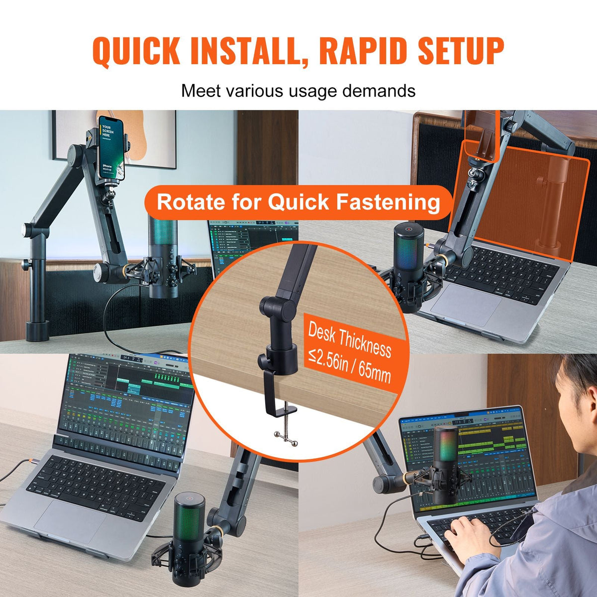 Desk-Mounted Microphone Arm, Flexible 360° Rotation, Adjustable Stand with Universal 3/8" to 5/8" Adapter and Headphone Holder, Compatible with Blue Yeti, Hyperx Quadcast, and More