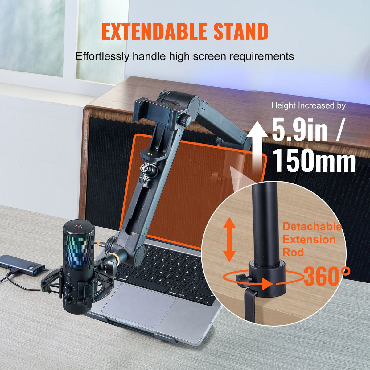 Desk-Mounted Microphone Arm, Flexible 360° Rotation, Adjustable Stand with Universal 3/8" to 5/8" Adapter and Headphone Holder, Compatible with Blue Yeti, Hyperx Quadcast, and More