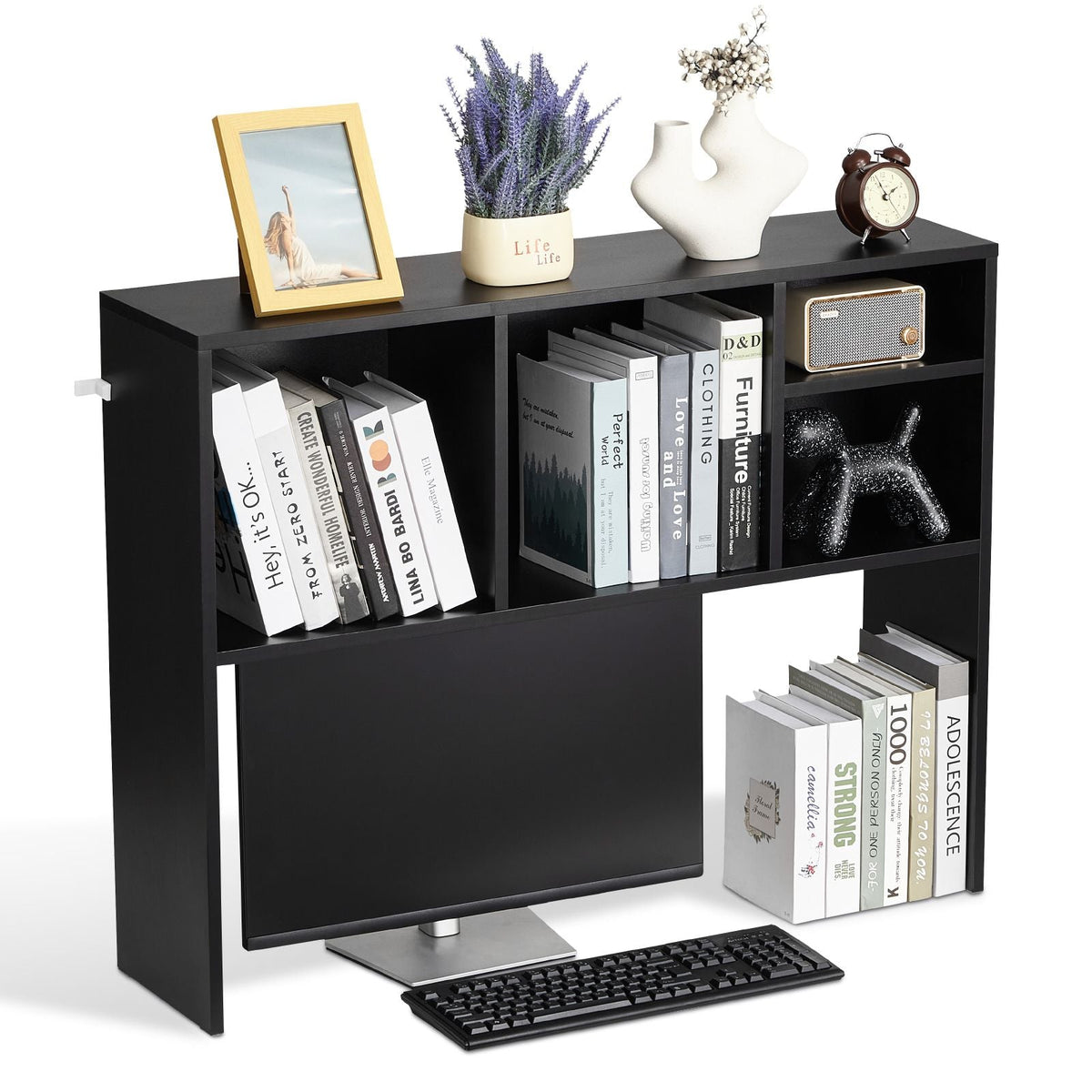 Desktop Bookshelf, 1-Tier Desktop Storage Organizer, 37" x 9.4" x 28.7" Office Storage Rack Wood Display Shelf, Desktop Bookshelf Hutch with Anti-Slip Feet Pads, for Office, Home & Dorm, Black