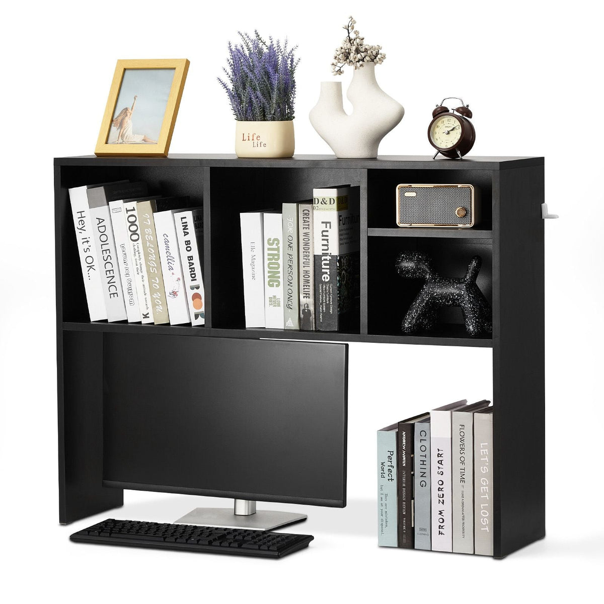 Desktop Bookshelf, 1-Tier Desktop Storage Organizer, 37" x 9.4" x 28.7" Office Storage Rack Wood Display Shelf, Desktop Bookshelf Hutch with Anti-Slip Feet Pads, for Office, Home & Dorm, Black