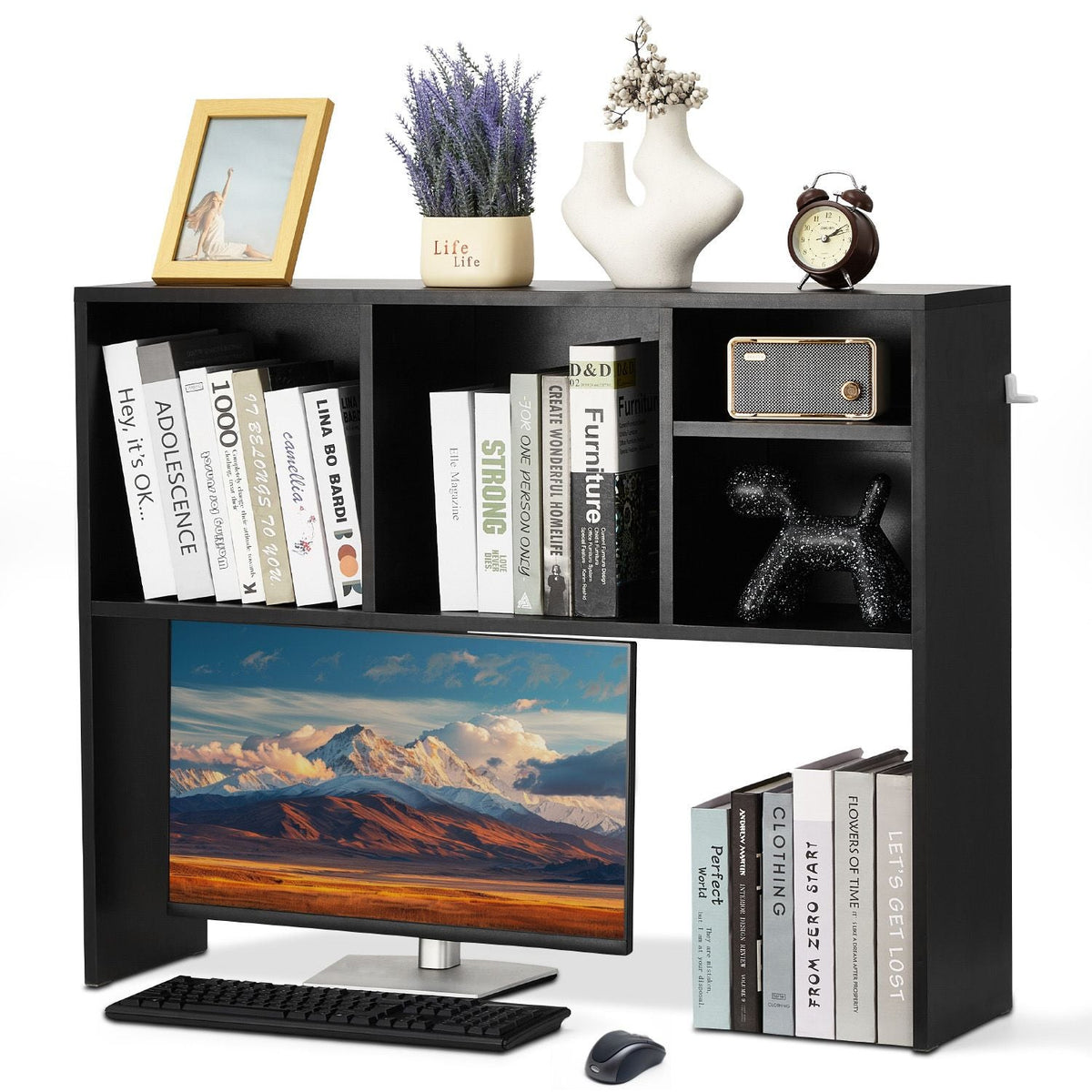 Desktop Bookshelf, 1-Tier Desktop Storage Organizer, 37" x 9.4" x 28.7" Office Storage Rack Wood Display Shelf, Desktop Bookshelf Hutch with Anti-Slip Feet Pads, for Office, Home & Dorm, Black