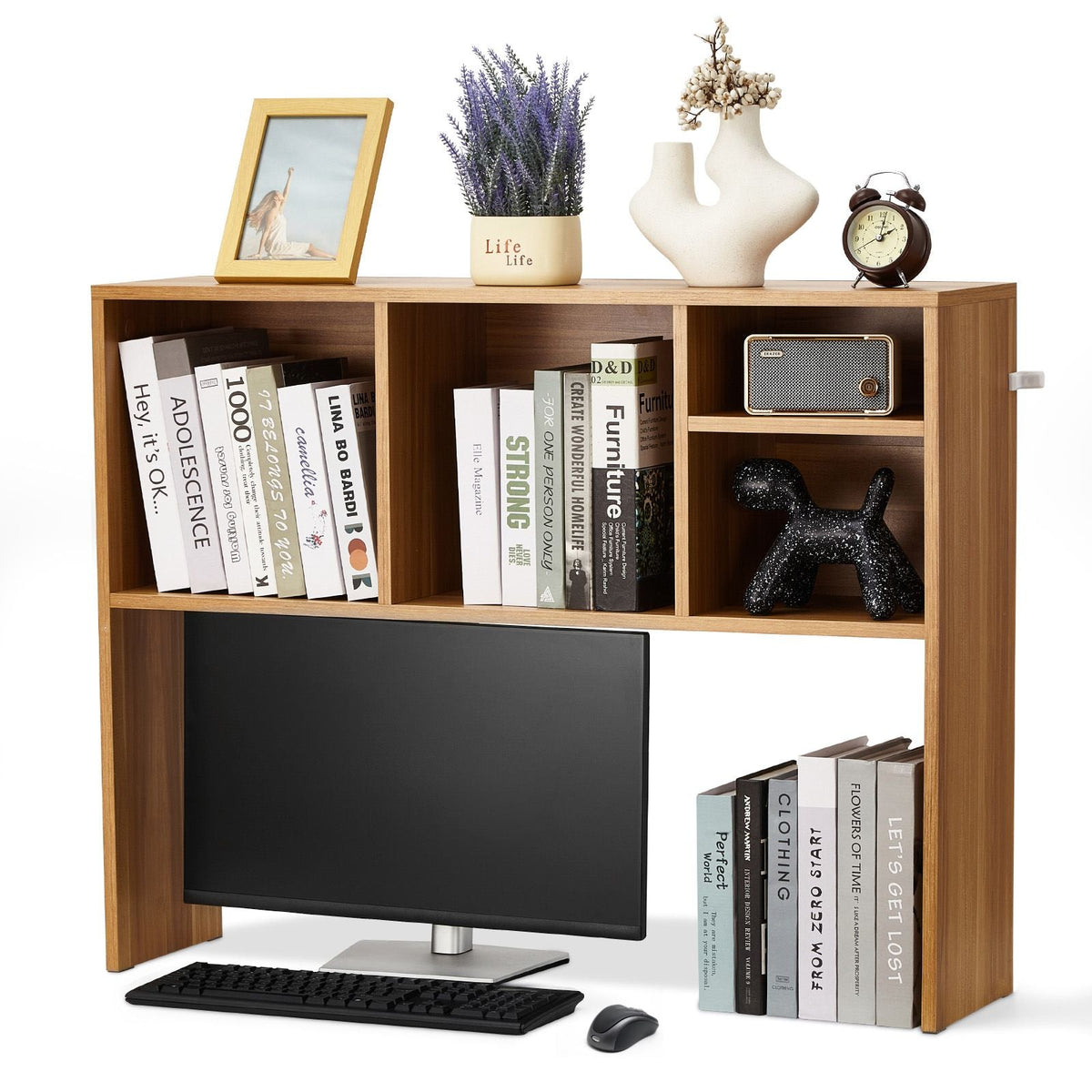 Desktop Bookshelf, 1-Tier Wood Desktop Storage Organizer, 37" x 9.4" x 28.7" Office Storage Rack Wood Display Shelf, Desktop Bookshelf Hutch with Anti-Slip Feet Pads, for Office, Home & Dorm