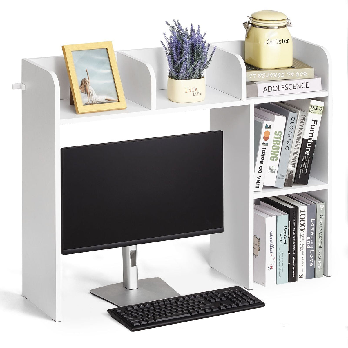 Desktop Bookshelf, 2-Tier Desktop Storage Organizer, 37.2" x 9.5" x 28.9" Office Storage Rack Wood Display Shelf, Desktop Bookshelf Hutch with Anti-Slip Feet Pads, for Office, Home & Dorm, White