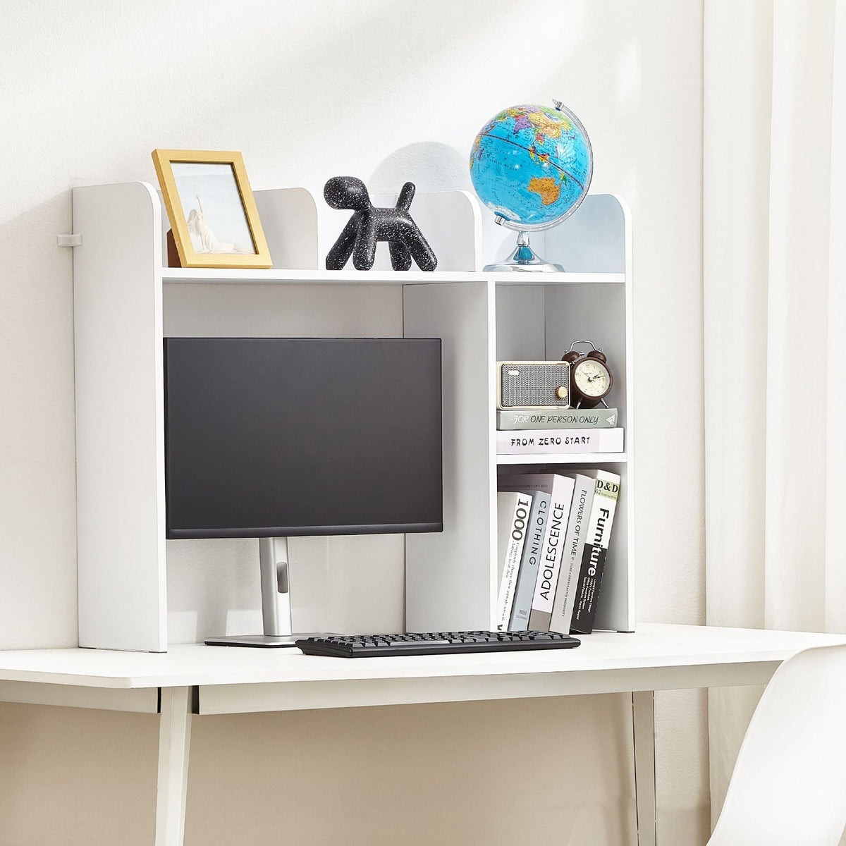 Desktop Bookshelf, 2-Tier Desktop Storage Organizer, 37.2" x 9.5" x 28.9" Office Storage Rack Wood Display Shelf, Desktop Bookshelf Hutch with Anti-Slip Feet Pads, for Office, Home & Dorm, White