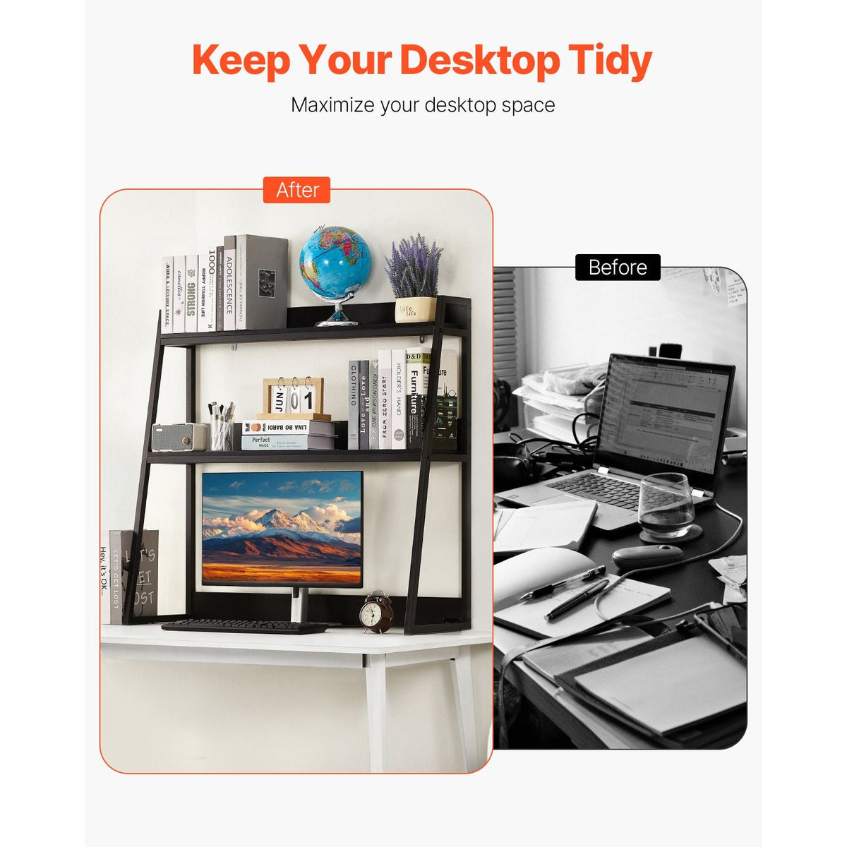 Desktop Bookshelf, 2-Tier Desktop Storage Organizer, 37.4" x 12.6" x 35.4" Office Desk Storage Rack Display Shelf, Desktop Bookshelf Hutch with Anti-Slip Feet Pads, for Home & Dorm, Black