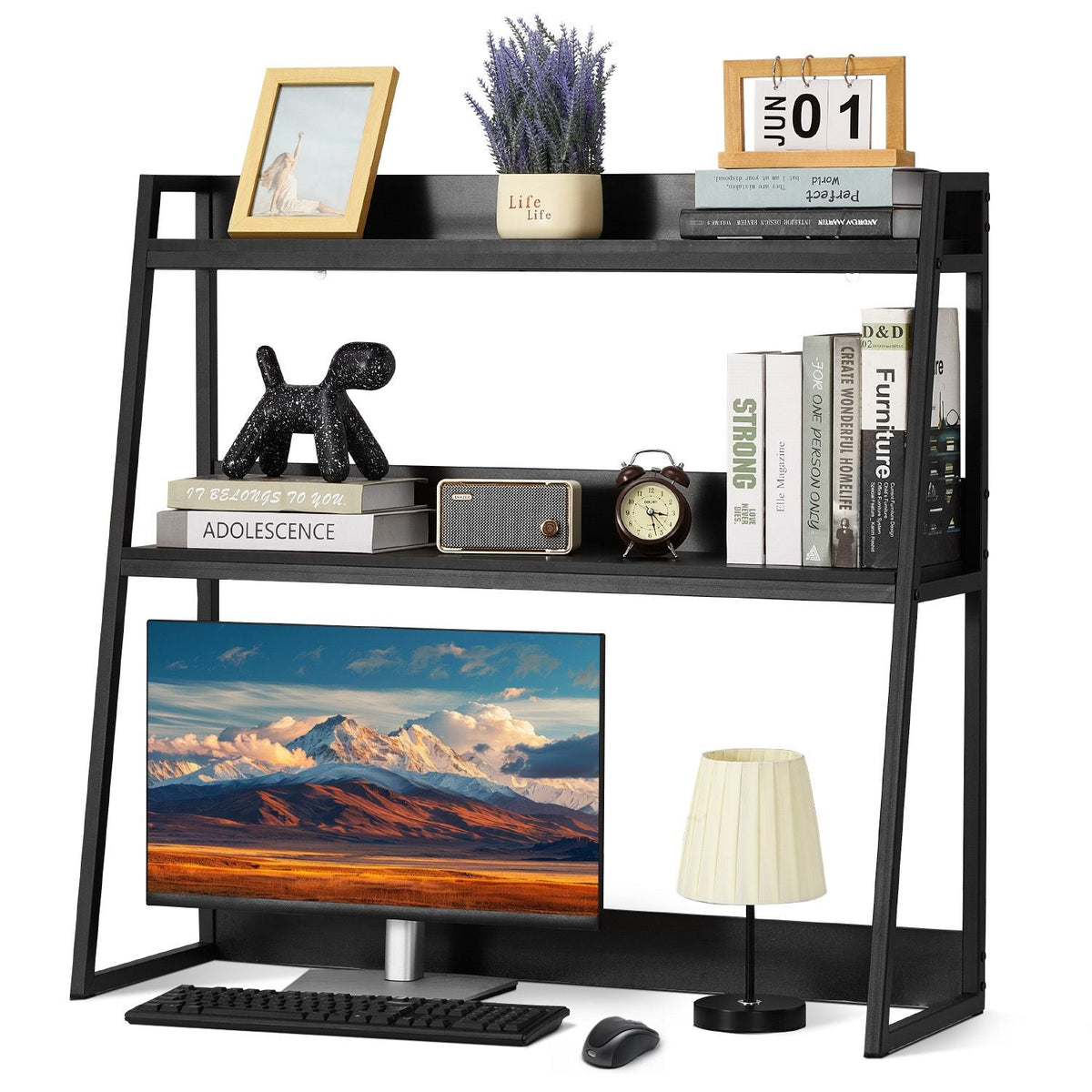 Desktop Bookshelf, 2-Tier Desktop Storage Organizer, 37.4" x 12.6" x 35.4" Office Desk Storage Rack Display Shelf, Desktop Bookshelf Hutch with Anti-Slip Feet Pads, for Home & Dorm, Black