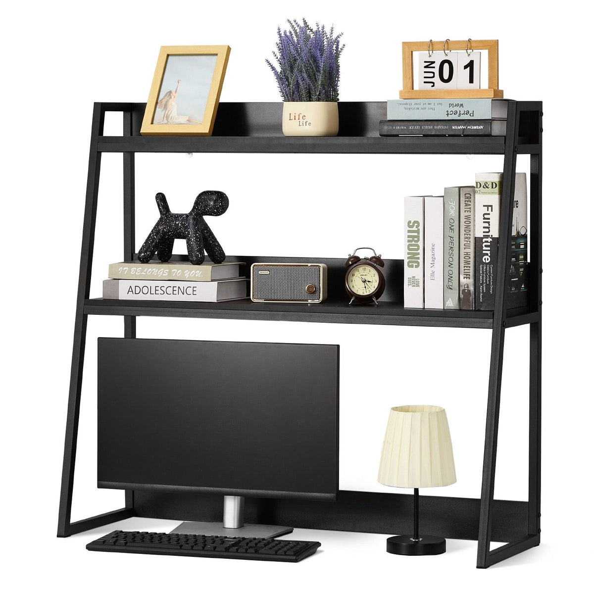 Desktop Bookshelf, 2-Tier Desktop Storage Organizer, 37.4" x 12.6" x 35.4" Office Desk Storage Rack Display Shelf, Desktop Bookshelf Hutch with Anti-Slip Feet Pads, for Home & Dorm, Black