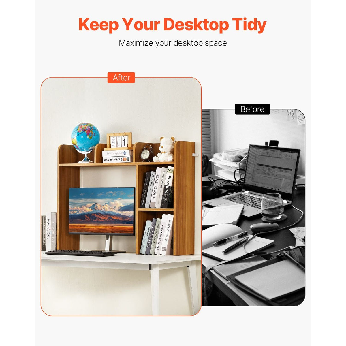 Desktop Bookshelf, 2-Tier Wood Desktop Storage Organizer, 37.2" x 9.5" x 28.9" Office Storage Rack Wood Display Shelf, Desktop Bookshelf Hutch with Anti-Slip Feet Pads, for Office, Home & Dorm