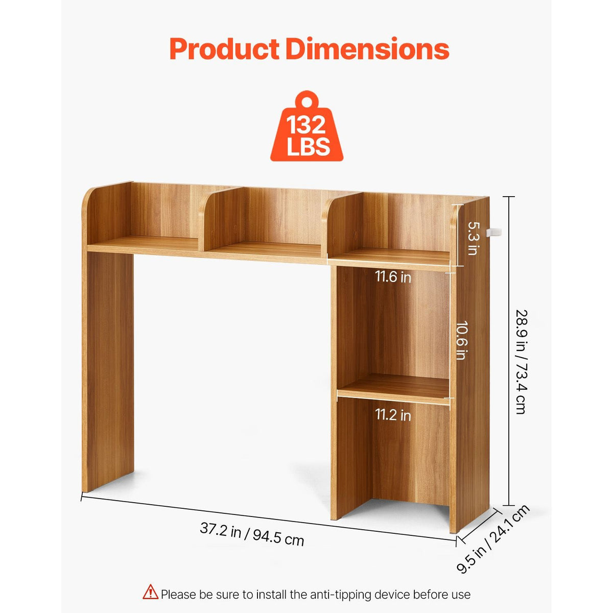 Desktop Bookshelf, 2-Tier Wood Desktop Storage Organizer, 37.2" x 9.5" x 28.9" Office Storage Rack Wood Display Shelf, Desktop Bookshelf Hutch with Anti-Slip Feet Pads, for Office, Home & Dorm