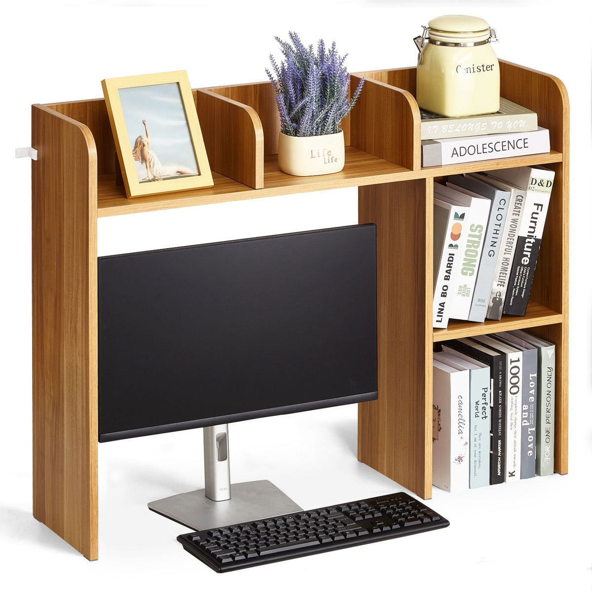 Desktop Bookshelf, 2-Tier Wood Desktop Storage Organizer, 37.2" x 9.5" x 28.9" Office Storage Rack Wood Display Shelf, Desktop Bookshelf Hutch with Anti-Slip Feet Pads, for Office, Home & Dorm