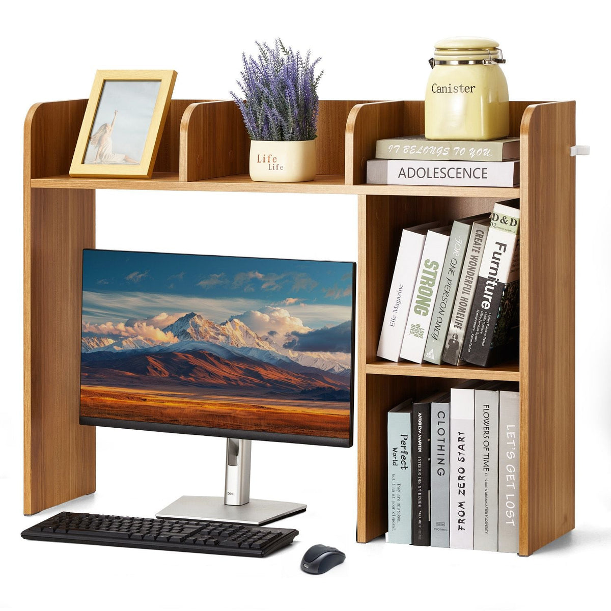 Desktop Bookshelf, 2-Tier Wood Desktop Storage Organizer, 37.2" x 9.5" x 28.9" Office Storage Rack Wood Display Shelf, Desktop Bookshelf Hutch with Anti-Slip Feet Pads, for Office, Home & Dorm