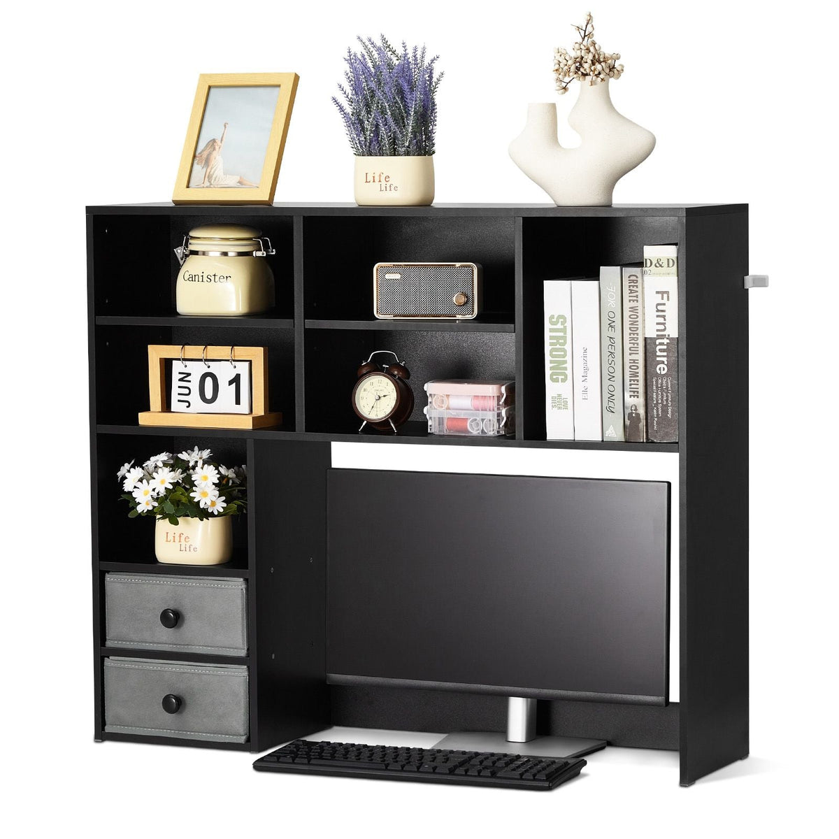 Desktop Bookshelf, 3-Tier Desktop Storage Organizer, 37" x 10" x 31.1" Office Storage Rack Wood Display Shelf, Desktop Bookshelf Hutch with Two Fabric Drawers, for Office, Home & Dorm, Black