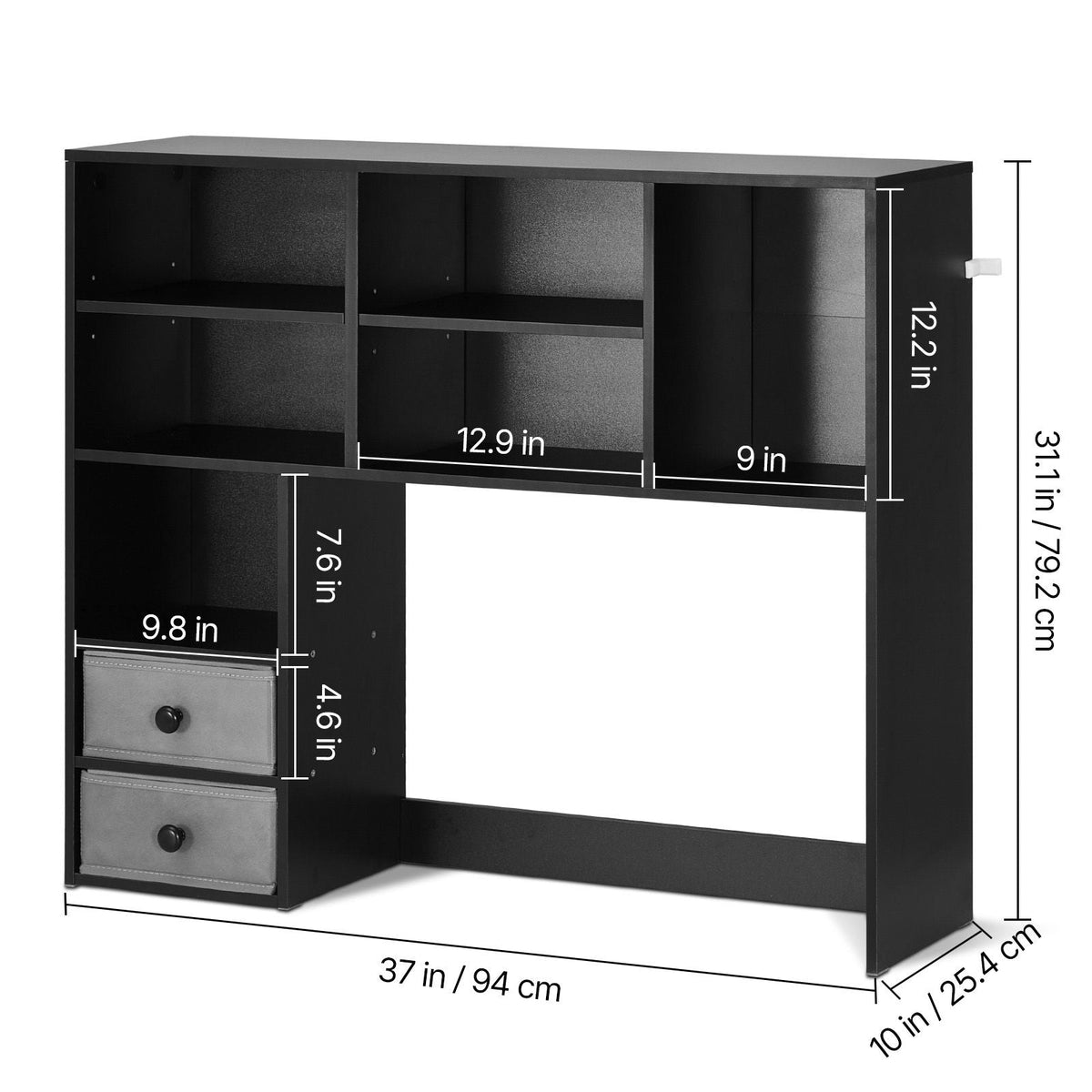 Desktop Bookshelf, 3-Tier Desktop Storage Organizer, 37" x 10" x 31.1" Office Storage Rack Wood Display Shelf, Desktop Bookshelf Hutch with Two Fabric Drawers, for Office, Home & Dorm, Black
