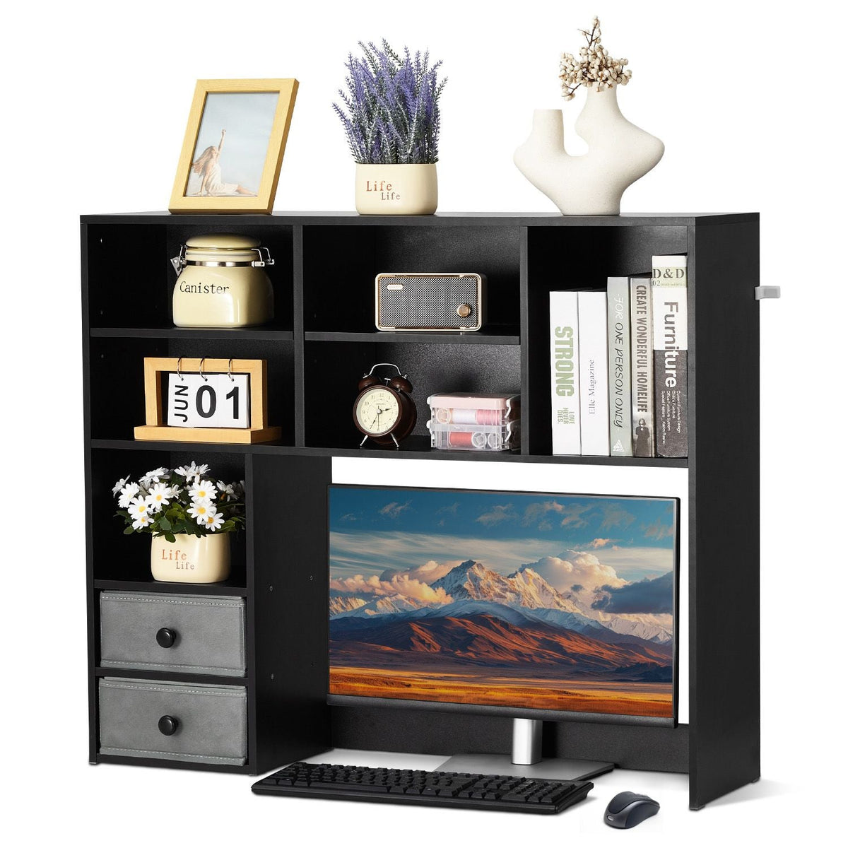 Desktop Bookshelf, 3-Tier Desktop Storage Organizer, 37" x 10" x 31.1" Office Storage Rack Wood Display Shelf, Desktop Bookshelf Hutch with Two Fabric Drawers, for Office, Home & Dorm, Black