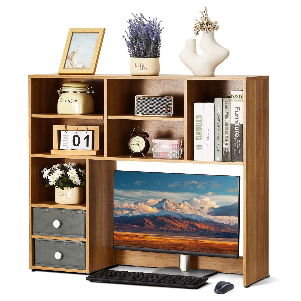 Desktop Bookshelf, 3-Tier Wood Desktop Storage Organizer, 37" x 10" x 31.1" Office Storage Rack Wood Display Shelf, Desktop Bookshelf Hutch with Two Fabric Drawers, for Office, Home & Dorm