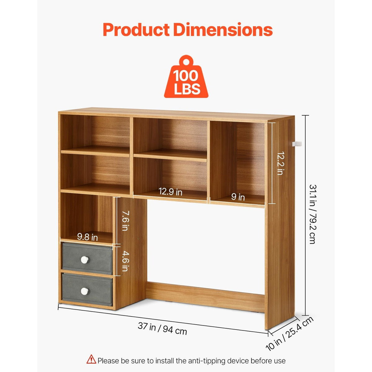 Desktop Bookshelf, 3-Tier Wood Desktop Storage Organizer, 37" x 10" x 31.1" Office Storage Rack Wood Display Shelf, Desktop Bookshelf Hutch with Two Fabric Drawers, for Office, Home & Dorm