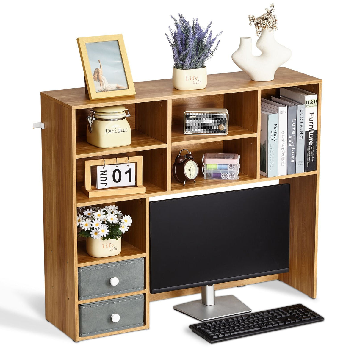 Desktop Bookshelf, 3-Tier Wood Desktop Storage Organizer, 37" x 10" x 31.1" Office Storage Rack Wood Display Shelf, Desktop Bookshelf Hutch with Two Fabric Drawers, for Office, Home & Dorm