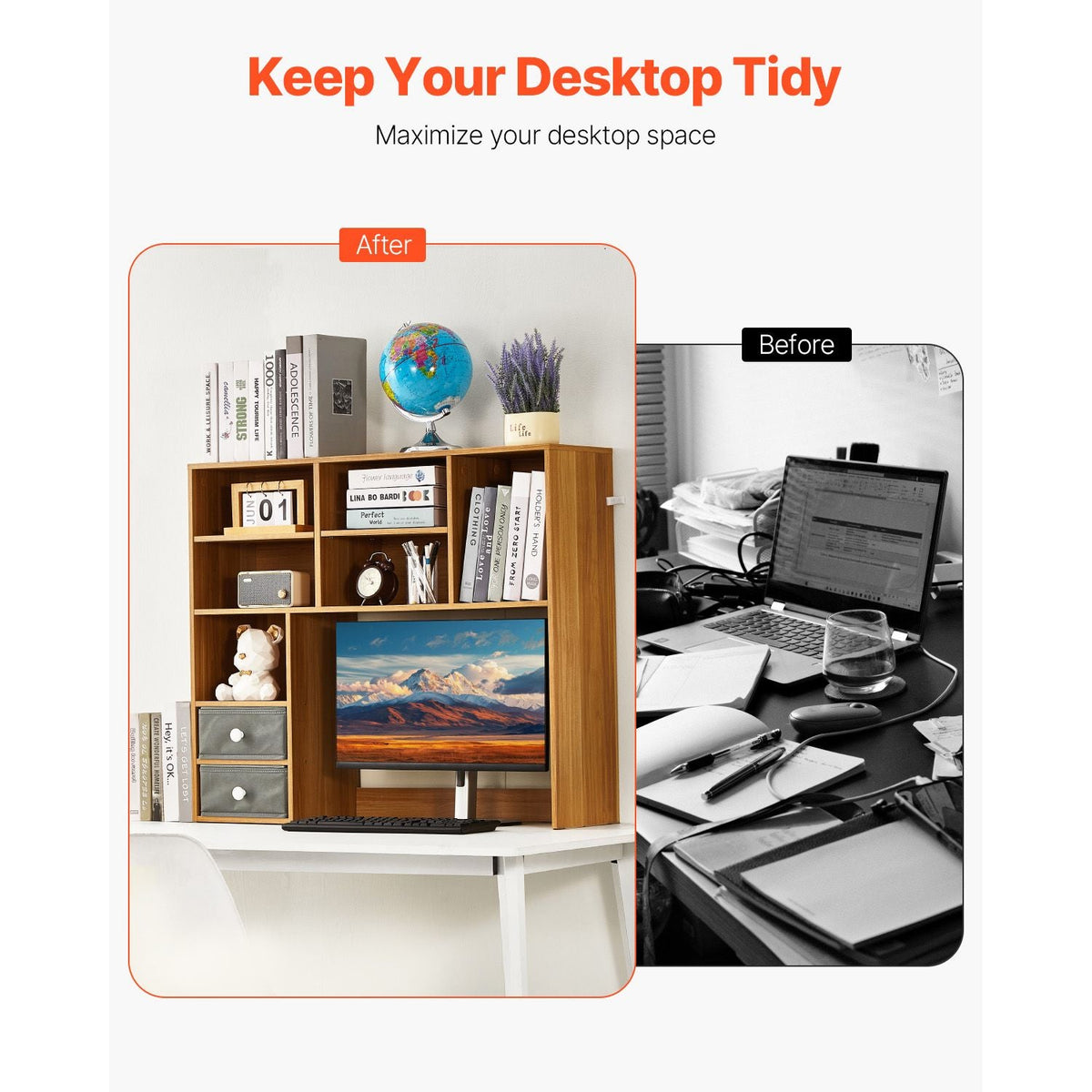 Desktop Bookshelf, 3-Tier Wood Desktop Storage Organizer, 37" x 10" x 31.1" Office Storage Rack Wood Display Shelf, Desktop Bookshelf Hutch with Two Fabric Drawers, for Office, Home & Dorm