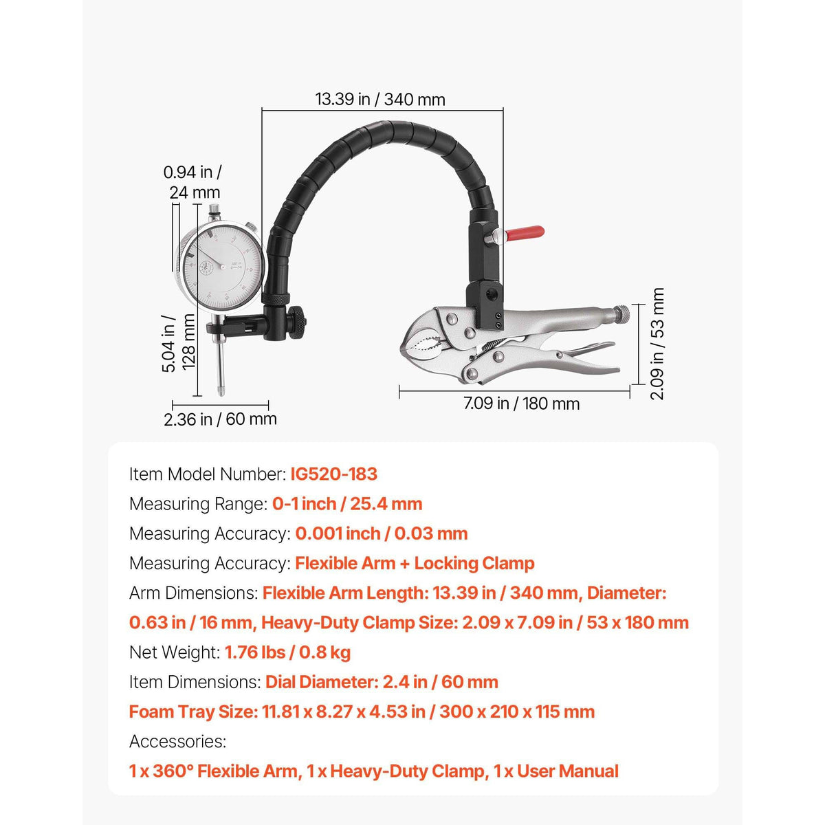 Dial Test Indicator with 360-Degree Flexible Arm and 360-Degree Locking Pliers, 0.001 inch Accuracy, 0-1 inch Range, Professional for Machine Set-Up, Narrow Area Measurement, Storage Case