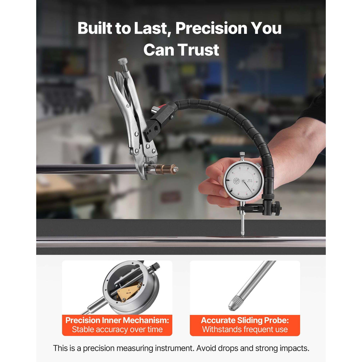 Dial Test Indicator with 360-Degree Flexible Arm and 360-Degree Locking Pliers, 0.001 inch Accuracy, 0-1 inch Range, Professional for Machine Set-Up, Narrow Area Measurement, Storage Case