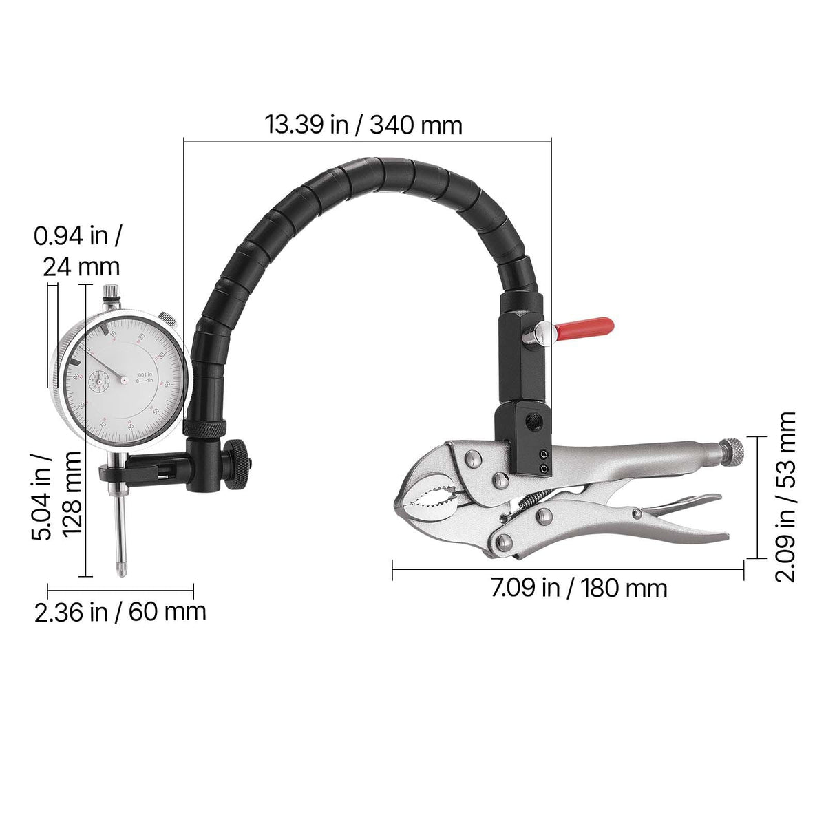Dial Test Indicator with 360-Degree Flexible Arm and 360-Degree Locking Pliers, 0.001 inch Accuracy, 0-1 inch Range, Professional for Machine Set-Up, Narrow Area Measurement, Storage Case