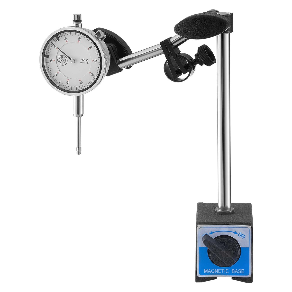 Dial Test Indicator with Dual Rod Stand and Storage Case, 0.001 inch Accuracy, 0-1 inch Range, Fine Adjustable Long Arm, Non-Magnetic Centering Rods for Machine Set-Up, Narrow Area Measurement