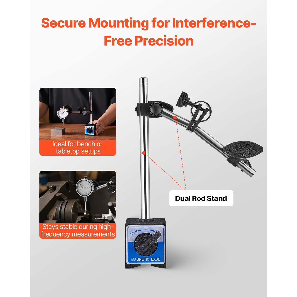 Dial Test Indicator with Dual Rod Stand and Storage Case, 0.001 inch Accuracy, 0-1 inch Range, Fine Adjustable Long Arm, Non-Magnetic Centering Rods for Machine Set-Up, Narrow Area Measurement