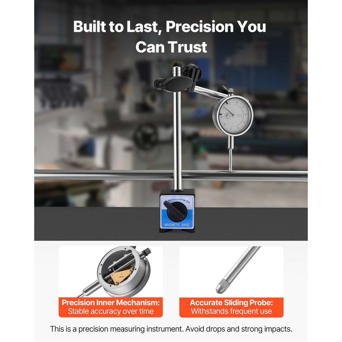 Dial Test Indicator with Dual Rod Stand and Storage Case, 0.001 inch Accuracy, 0-1 inch Range, Fine Adjustable Long Arm, Non-Magnetic Centering Rods for Machine Set-Up, Narrow Area Measurement
